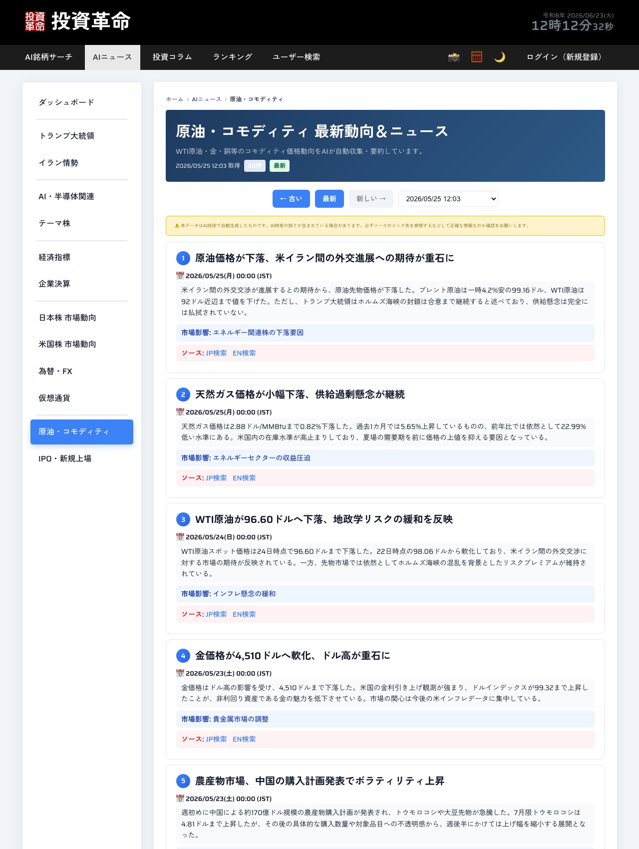 原油・金・天然ガスなどコモディティ市況のニュース一覧画面