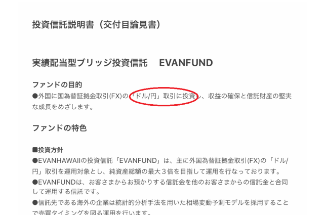 EVANFUNDの投資信託説明書(交付目論見書)とされる文書。実績配当型ブリッジ投資信託という名称やファンドの特色が記載されている