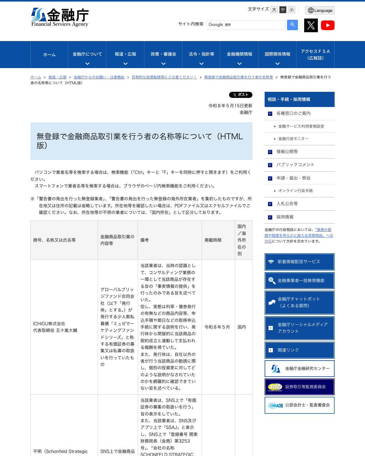 金融庁『無登録で金融商品取引業を行う者の名称等について(HTML版)』のページ