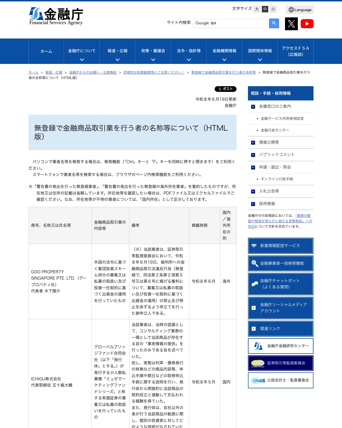 金融庁 無登録で金融商品取引業を行う者の名称等について(HTML版)の一覧ページ