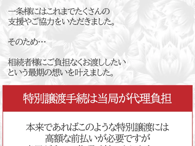 「特別譲渡手続は当局が代理負担。本来であればこのような特別譲渡には高額な前払いが必要ですが当局がその代理手続を負担するので」と書かれた広告画面