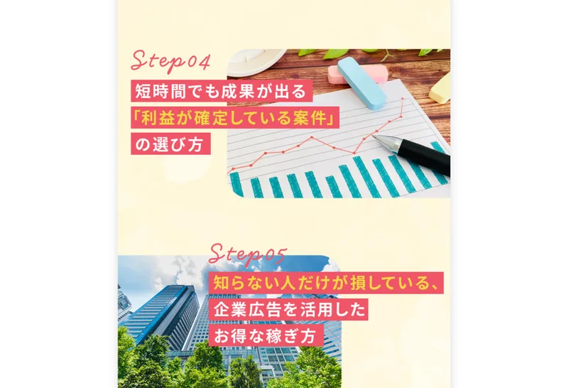 「利益が確定しているもうけ話の選び方」「企業広告を活用したお得な稼ぎ方」と書かれた広告ページのステップ説明