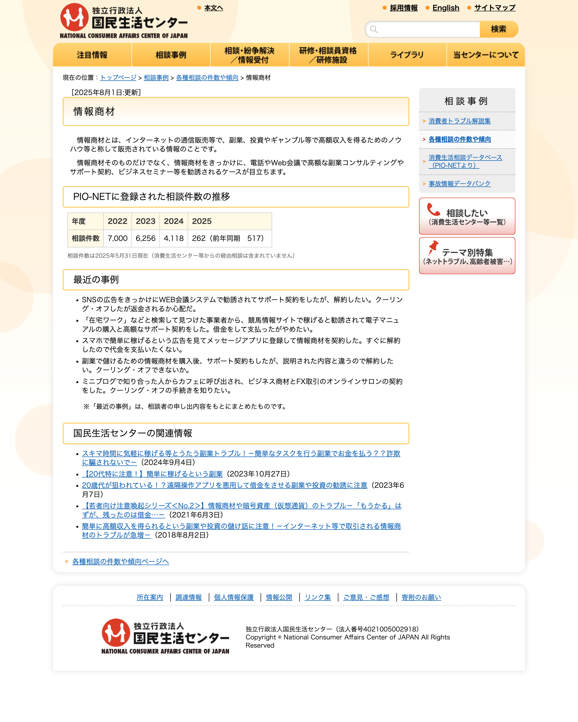 国民生活センターの『情報商材』ページ。PIO-NETに登録された相談件数の推移表(2022年度7,000件・2023年度6,256件・2024年度4,118件)と、情報商材をきっかけに高額な副業コンサルやサポート契約へ勧誘される手口の説明が記載されている