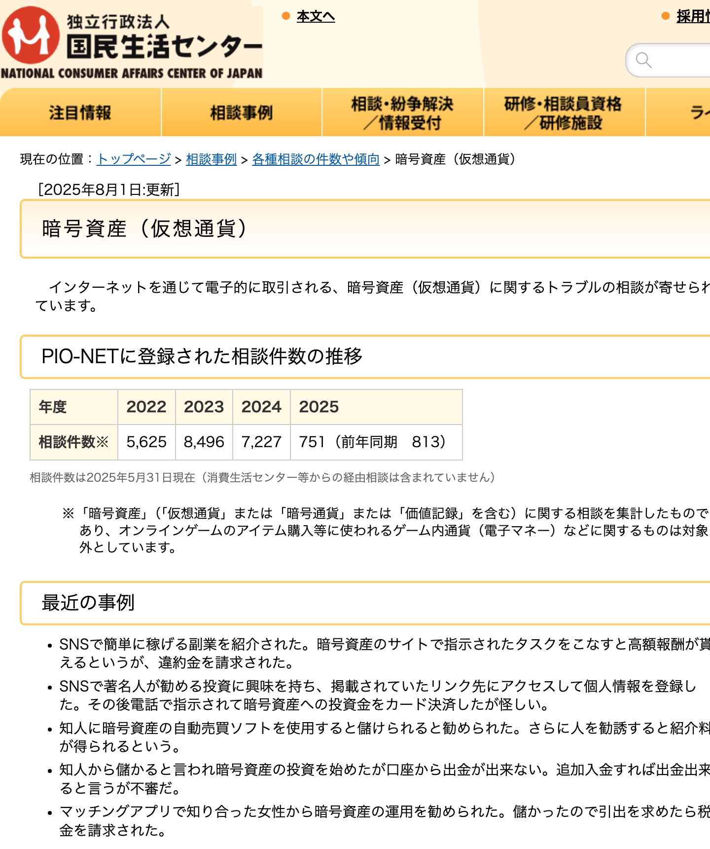 国民生活センター「暗号資産(仮想通貨)」のページ。相談件数の推移と、SNSで勧められて出金できない・引出を求めたら税金を請求されたといった最近の相談事例が掲載されている
