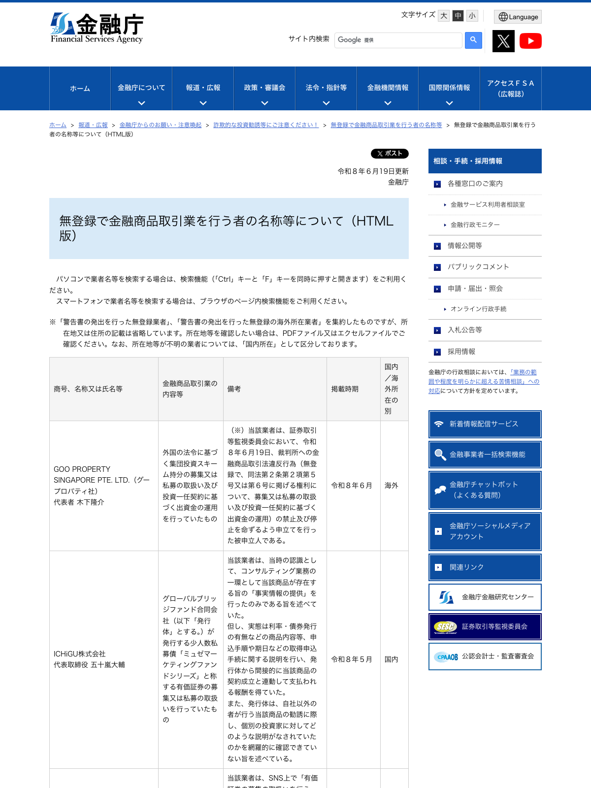 金融庁の無登録で金融商品取引業を行う者の名称等についてのページ