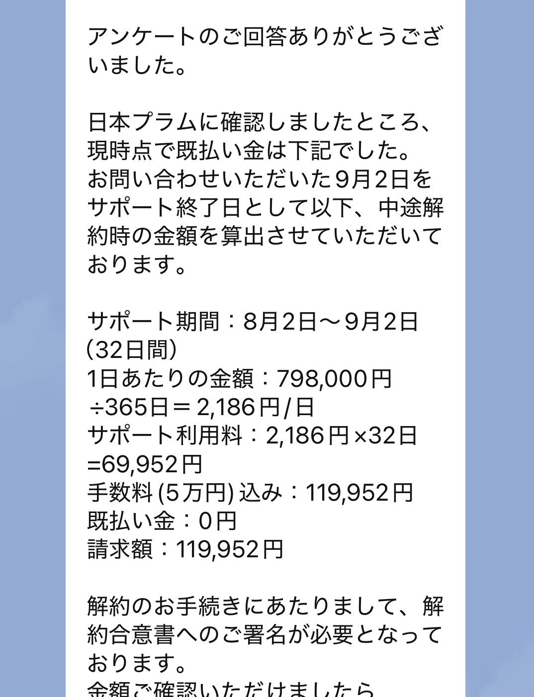解約金算定の通知例(32日経過時 119,952円)