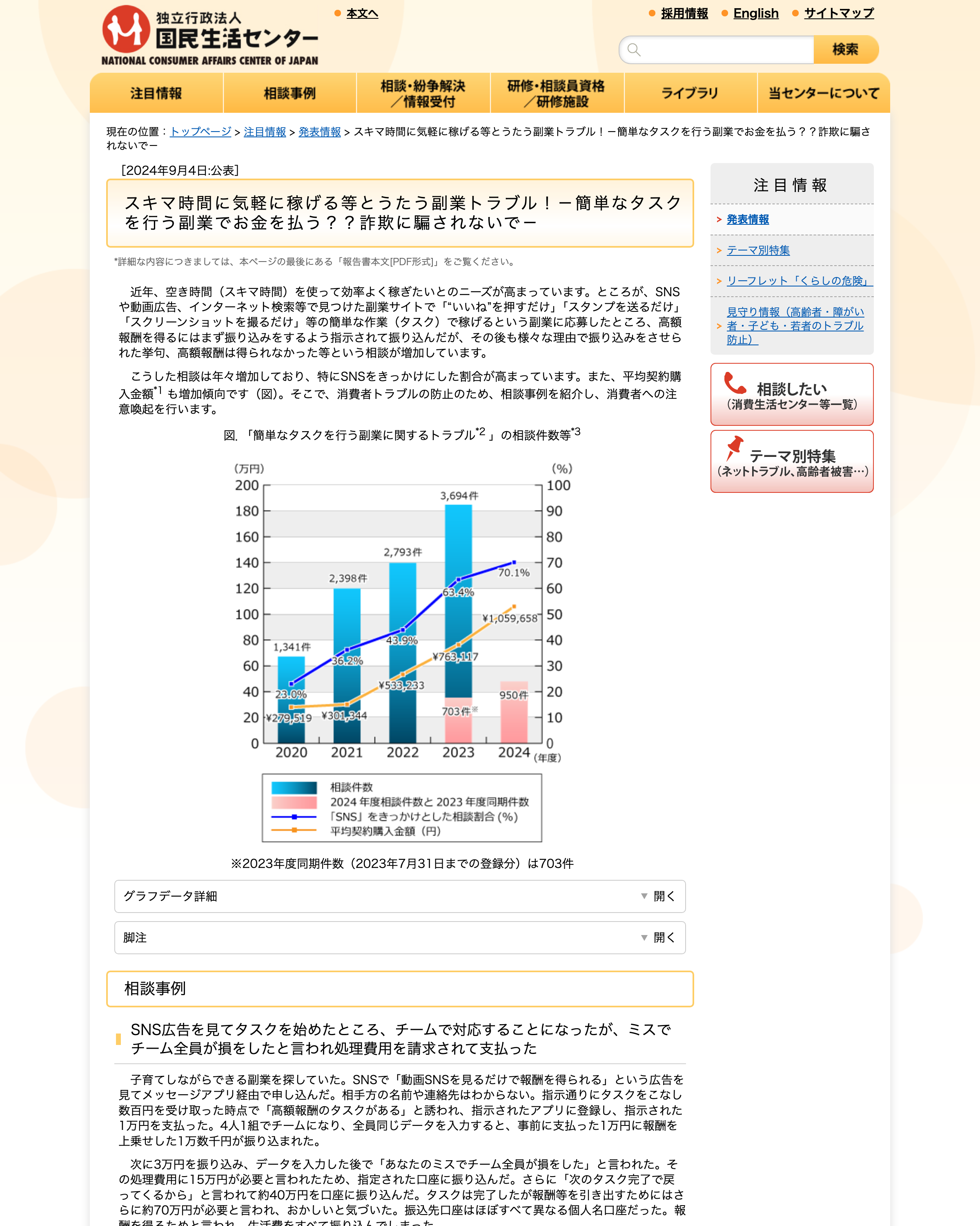国民生活センターによる簡単なタスク副業トラブルに関する公表資料のページ