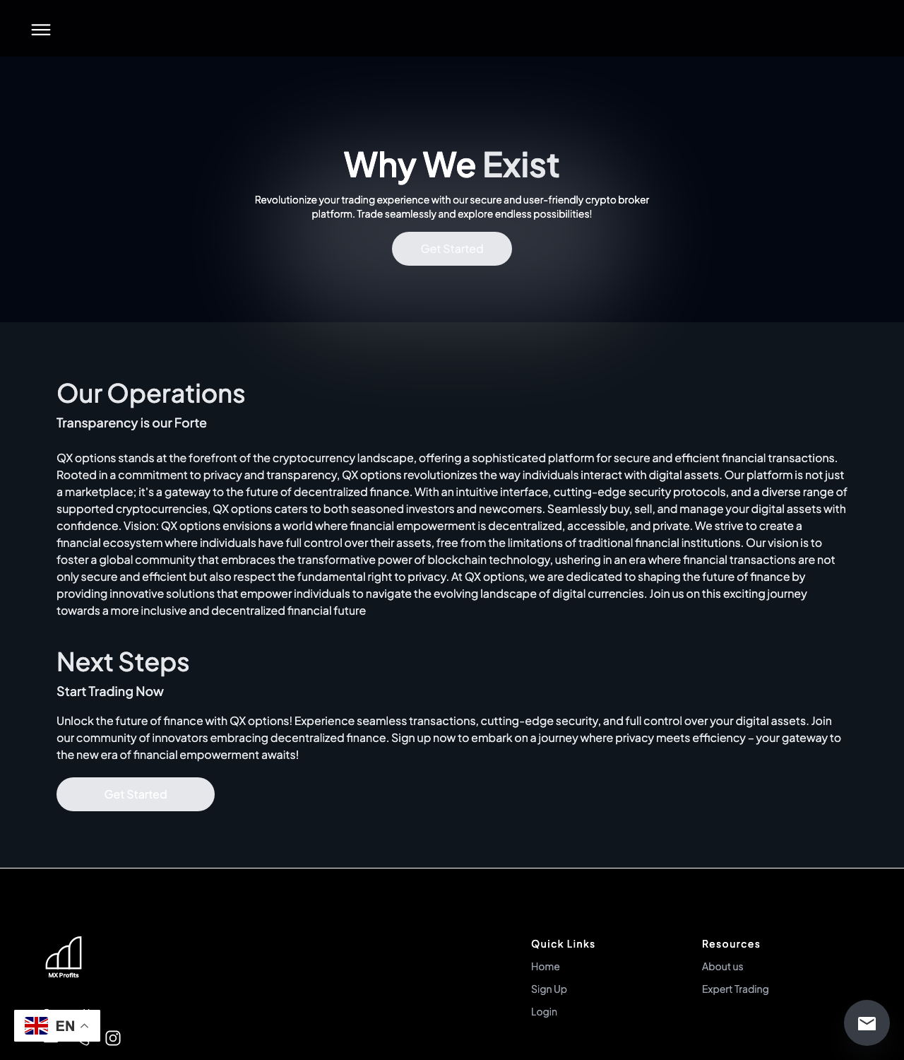 MXProfitsTradingの「About us」ページ。「Why We Exist」「Our Operations」と理念が並ぶが、運営会社名・所在地・代表者名・特定商取引法に基づく表記は見当たらない
