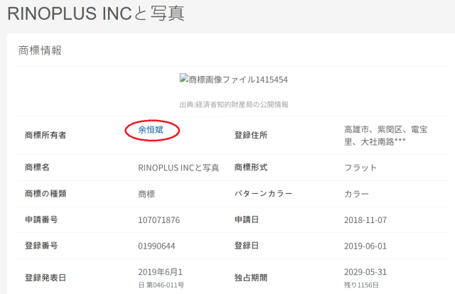 リノプラスのロゴの商標登録に関する資料。出願人の名前や登録情報が記載されている