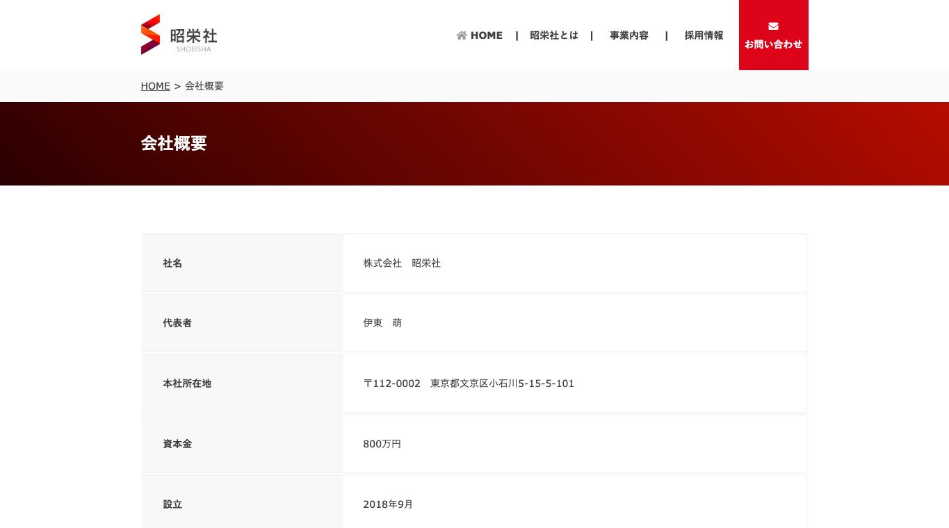 株式会社昭栄社の会社概要(社名・代表者・本社所在地・資本金・設立)