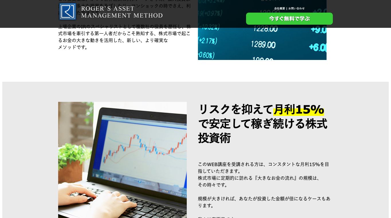 ロジャー堀「ROGER'S ASSET MANAGEMENT METHOD」公式LPの『リスクを抑えて月利15%』訴求セクション