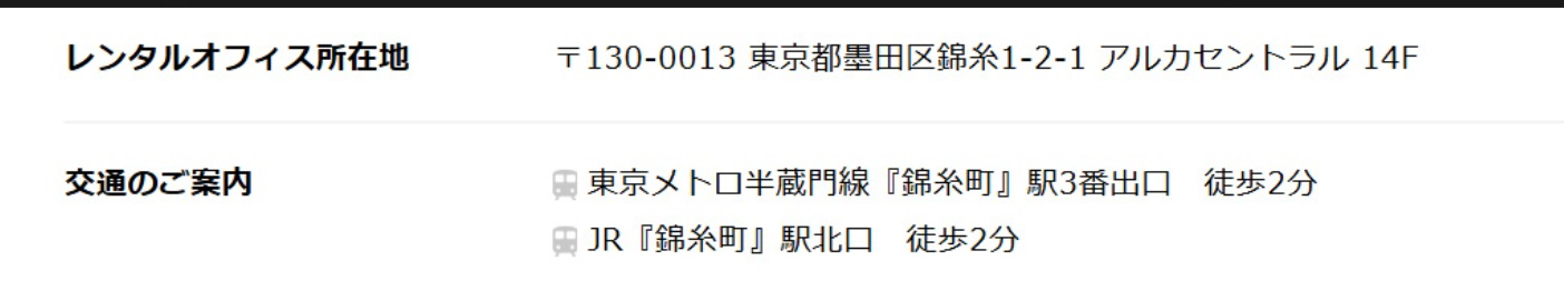 スピアマン波動FXの特商法表記の一部。『レンタルオフィス所在地 〒130-0013 東京都墨田区錦糸1-2-1 アルカセントラル14F』『交通のご案内 東京メトロ半蔵門線 錦糸町駅3番出口 徒歩2分』と記載されている