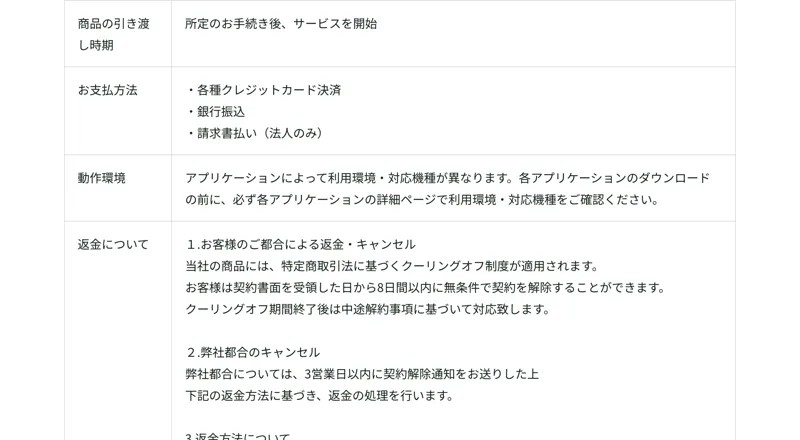 特定商取引法に基づく表記の返金について(契約書面受領日から8日間はクーリングオフ可能との記載)