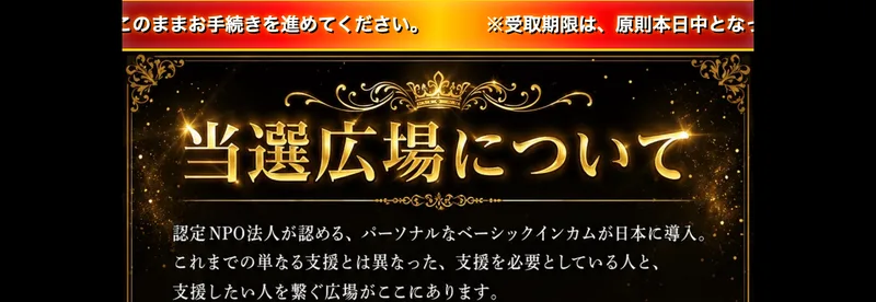「当選広場について」「認定NPO法人が認める、パーソナルなベーシックインカムが日本に導入」といった説明が書かれた黒地に金文字の資料