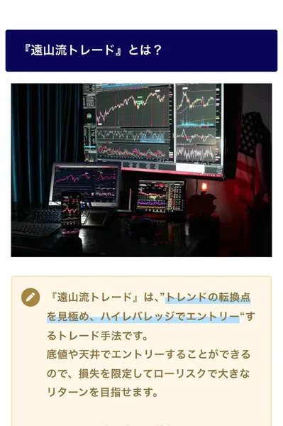 遠山流トレードとは何かを説明するセクション。トレンドの転換点を見極めハイレバレッジでエントリーするトレード手法と説明されている
