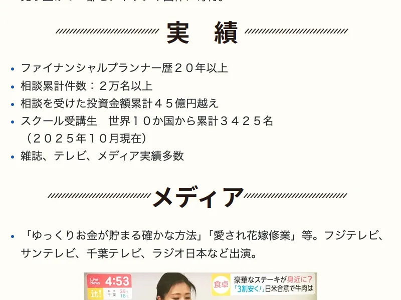 広告ページの実績・メディア掲載セクション(FP歴20年以上、相談累計2万名以上、テレビ・雑誌掲載多数)
