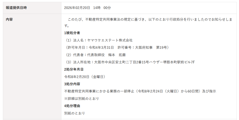 大阪府の報道発表資料。ヤマワケエステート株式会社への行政処分の概要が記載されている